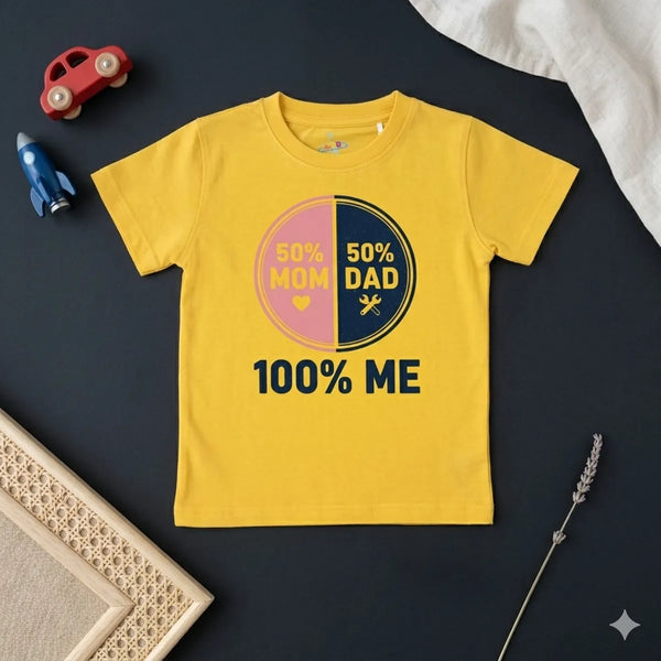 Yellow kids t-shirt with 100 percent me slogan print flatlay