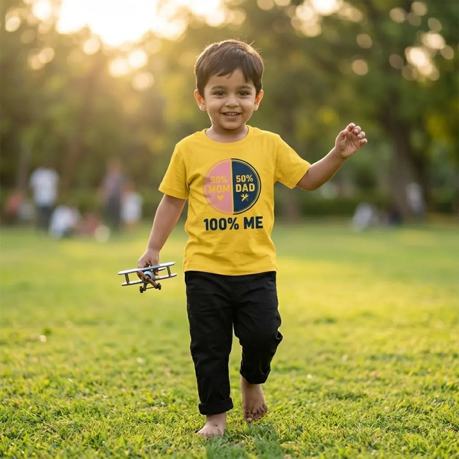 Kid wearing yellow 100 percent me slogan t-shirt lifestyle-boy