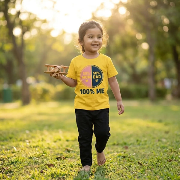 Kid wearing yellow 100 percent me slogan t-shirt