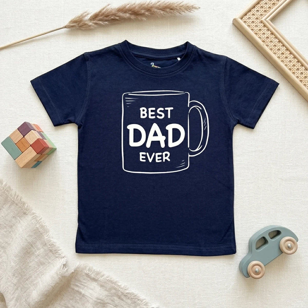 Navy blue kids t-shirt with best dad ever slogan flatlay