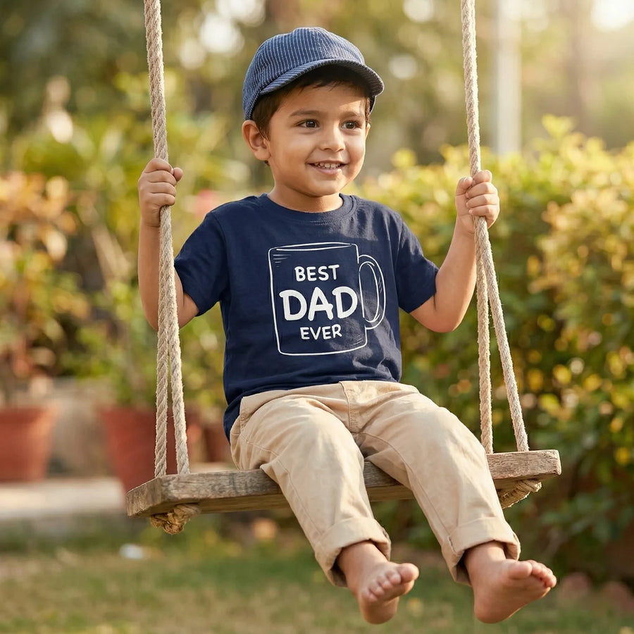 Kid wearing navy blue best dad ever slogan t-shirt lifestyle-boy