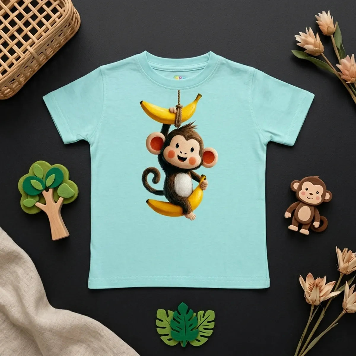 Aqua blue monkey print kids t-shirt jungle theme flatlay