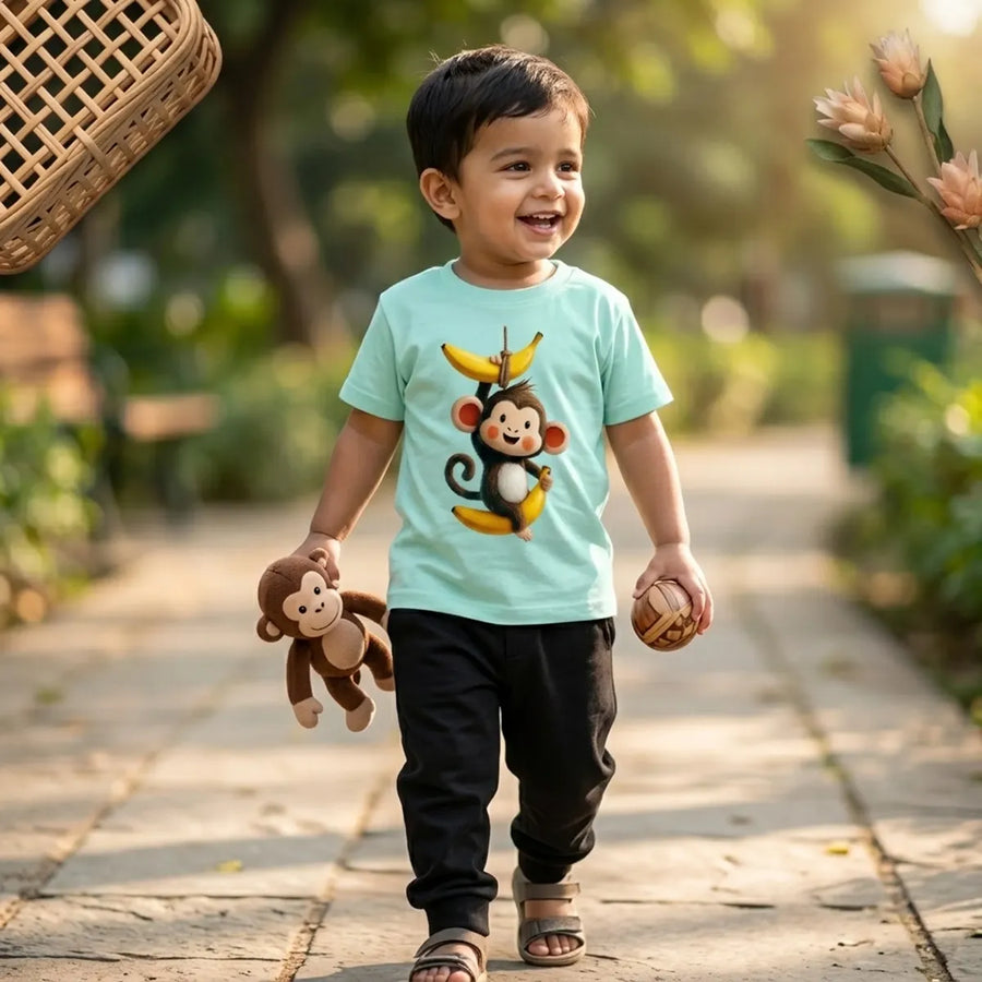 Kid wearing aqua blue monkey print t-shirt cheeky monkey design lifestyle-boy