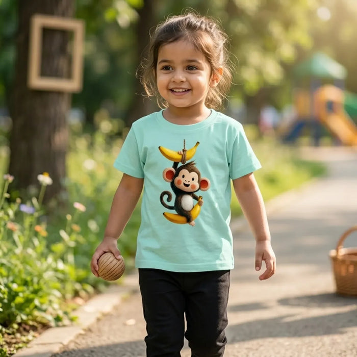 Kid wearing aqua blue monkey print t-shirt cheeky monkey design lifestyle-girl