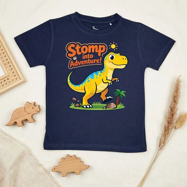 Navy blue dino stomp kids t-shirt with dinosaur print flatlay