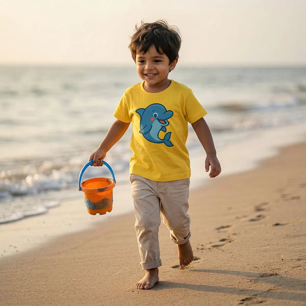 Kid wearing yellow dolphin print t-shirt splash design