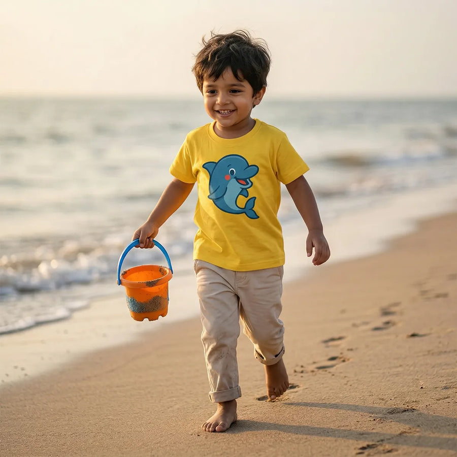 Kid wearing yellow dolphin print t-shirt splash design lifestyle-boy