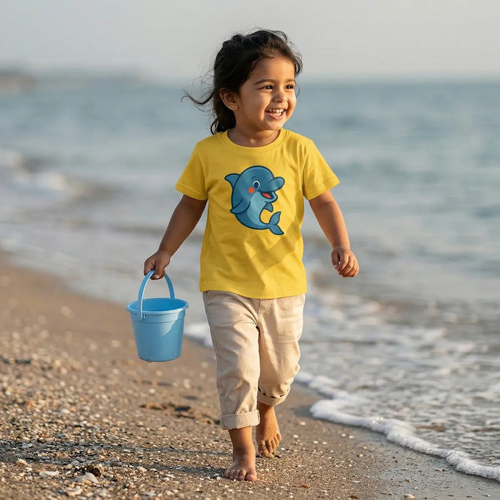 Kid wearing yellow dolphin print t-shirt splash design lifestyle-girl