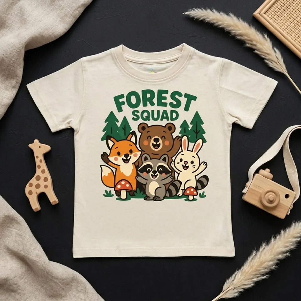 Ivory forest animals kids t-shirt jungle safari print flatlay