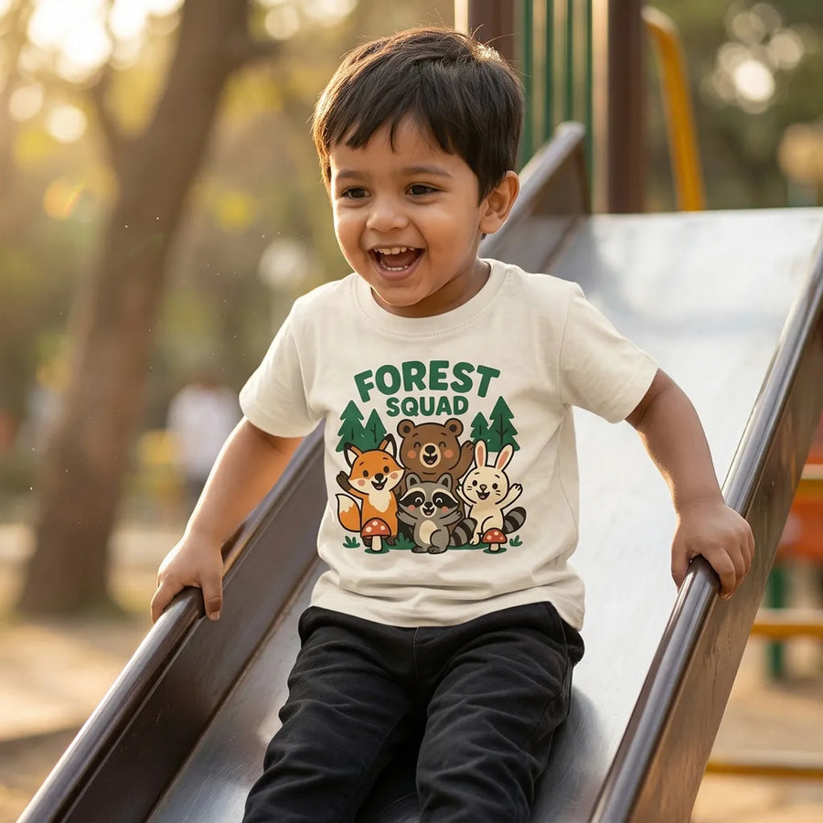 Kid wearing ivory jungle safari t-shirt forest squad design  lifestyle-boy