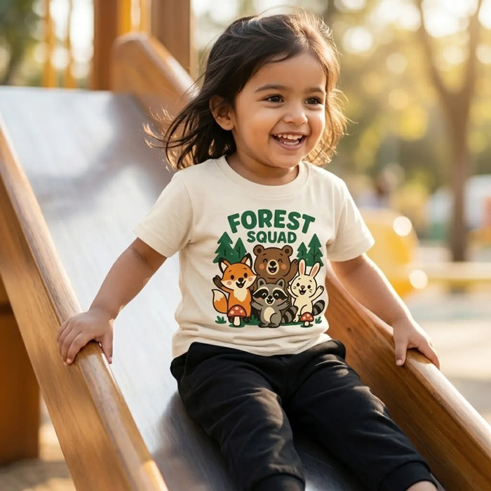 Kid wearing ivory jungle safari t-shirt forest squad design  lifestyle-girl