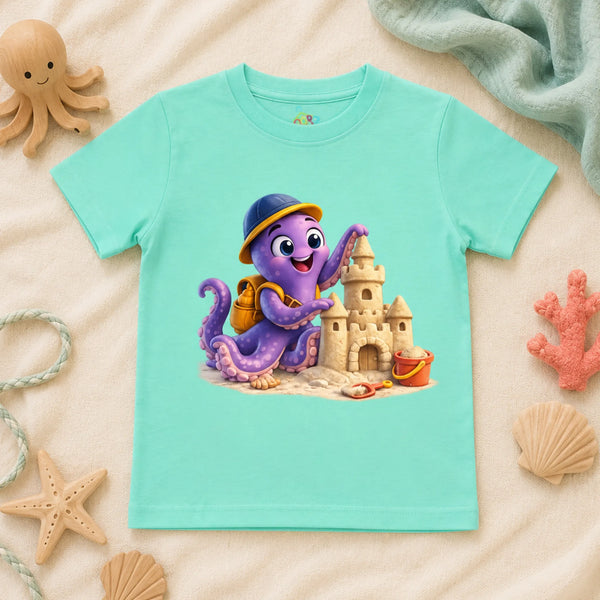 A spearmint kid's t-shirt featuring a graphic of a cheerful purple octopus building a sandcastle, displayed flat on a cream blanket alongside beach-themed props.