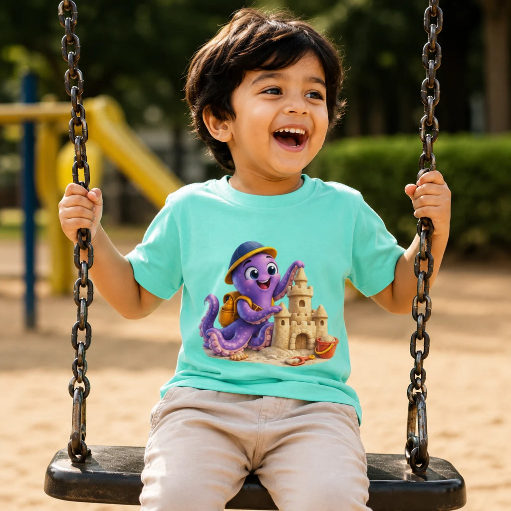 A young boy smiling and laughing while sitting on a playground swing, wearing a light aqua t-shirt with a colorful graphic of a purple octopus building a sandcastle. lifestyle-boy
