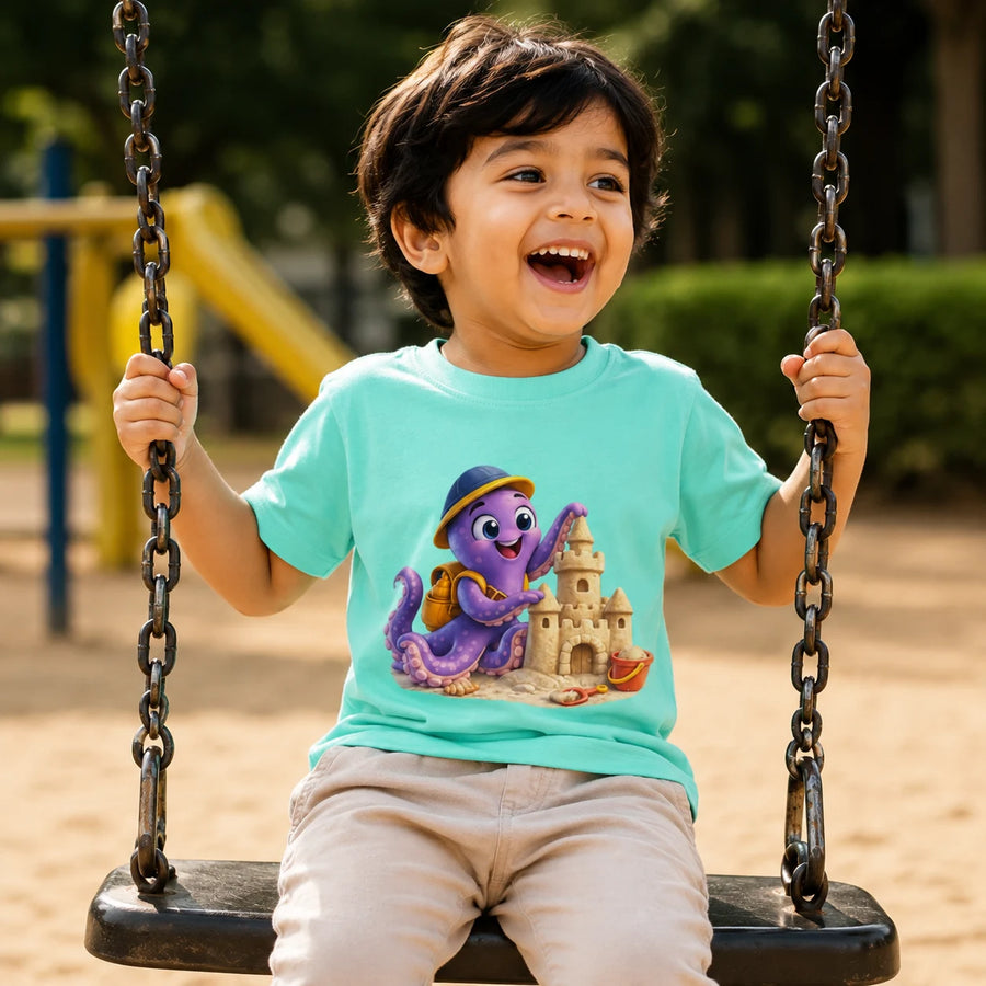 A young boy smiling and laughing while sitting on a playground swing, wearing a light aqua t-shirt with a colorful graphic of a purple octopus building a sandcastle. lifestyle-boy