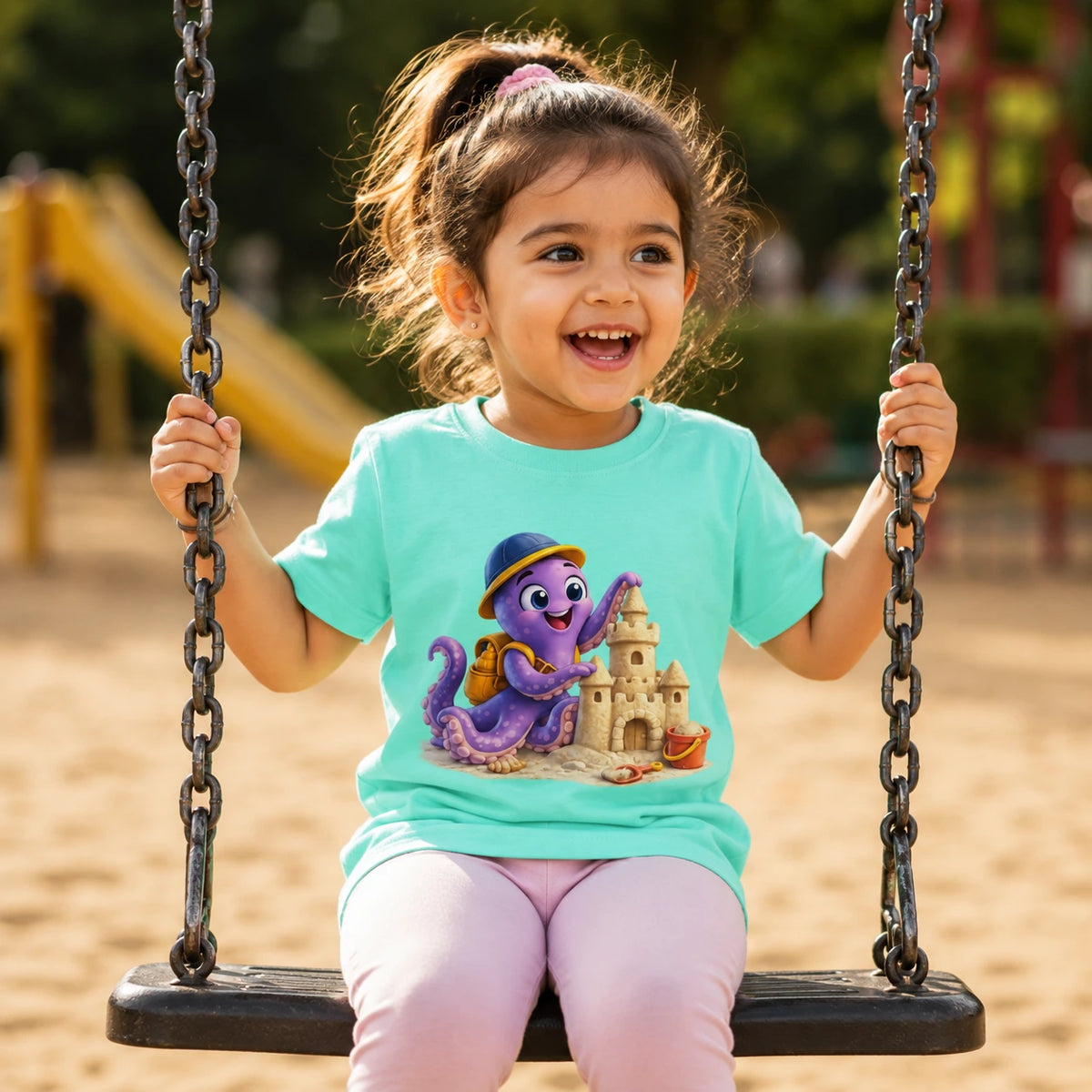 A young girl smiling while sitting on a playground swing, wearing a light aqua graphic t-shirt with a purple octopus and sandcastle design, paired with light pink pants. lifestyle-girl