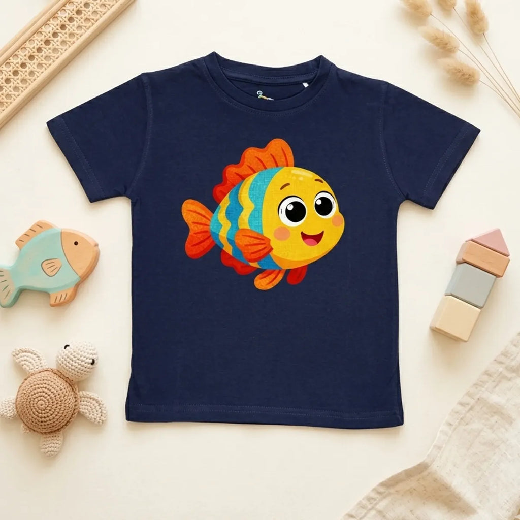 Navy blue fish print kids t-shirt with ocean theme flatlay