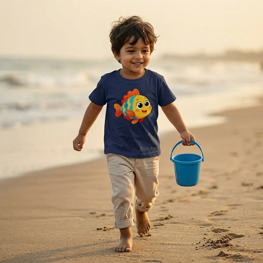 Kid wearing navy blue fish print t-shirt ocean theme lifestyle-boy