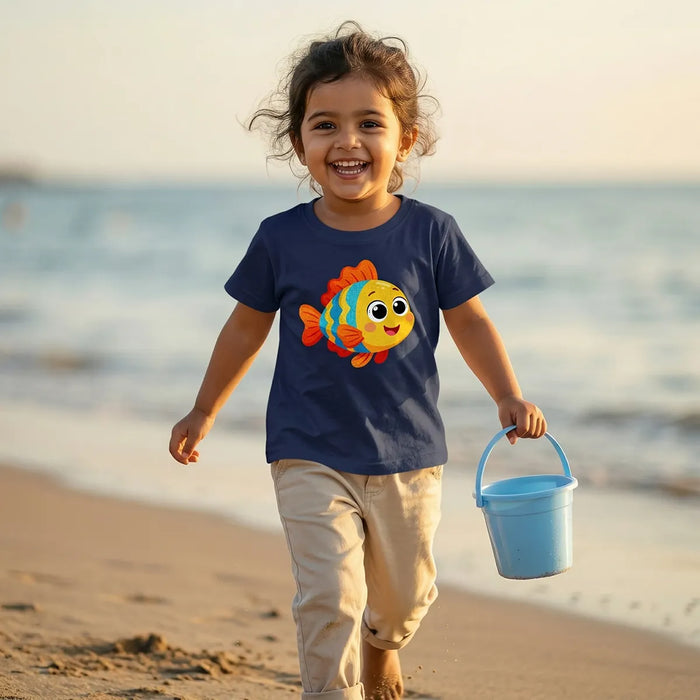 Kid wearing navy blue fish print t-shirt ocean theme lifestyle-girl
