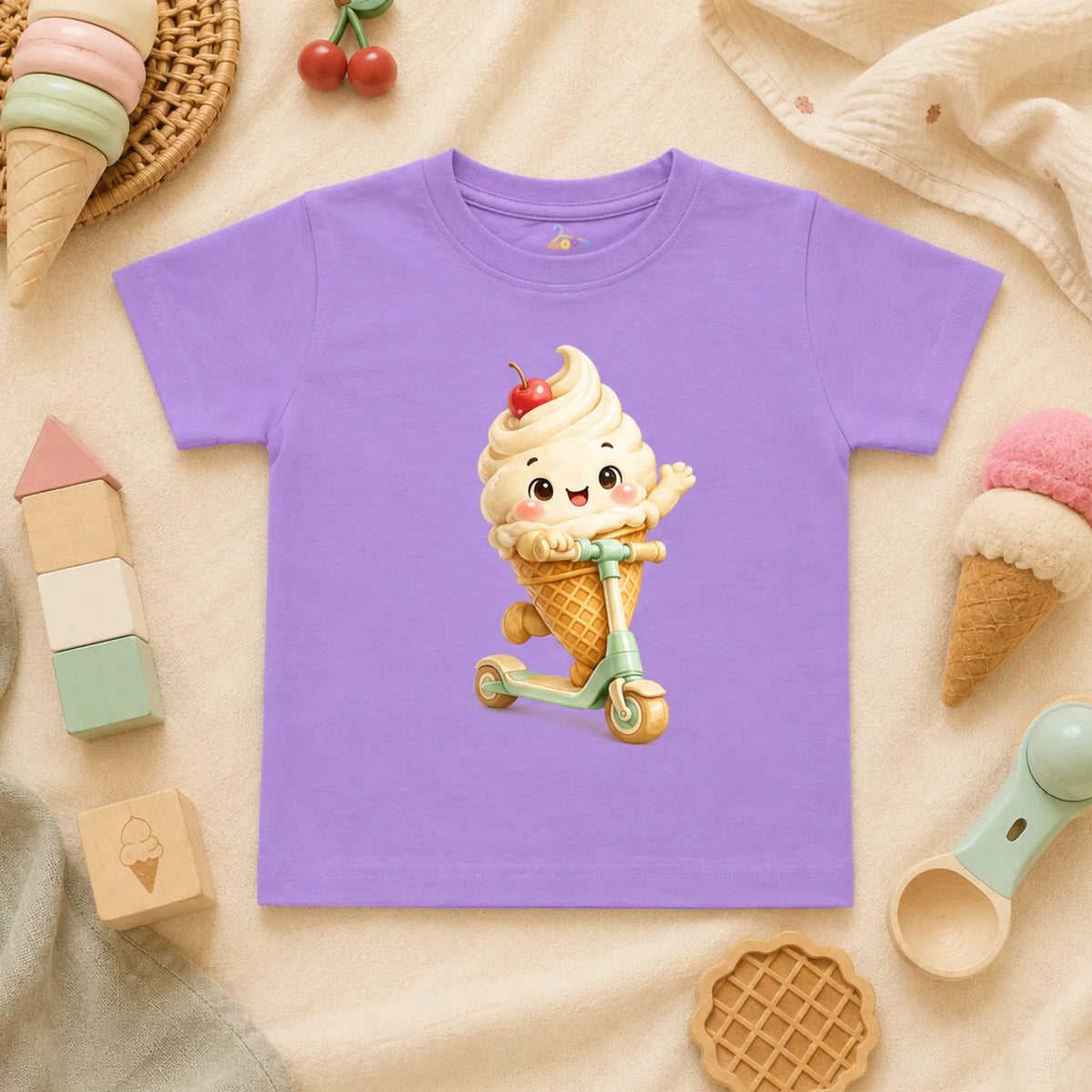 A lavender kid's t-shirt featuring a cartoon graphic of a cheerful soft-serve ice cream cone with a cherry on top riding a light green scooter