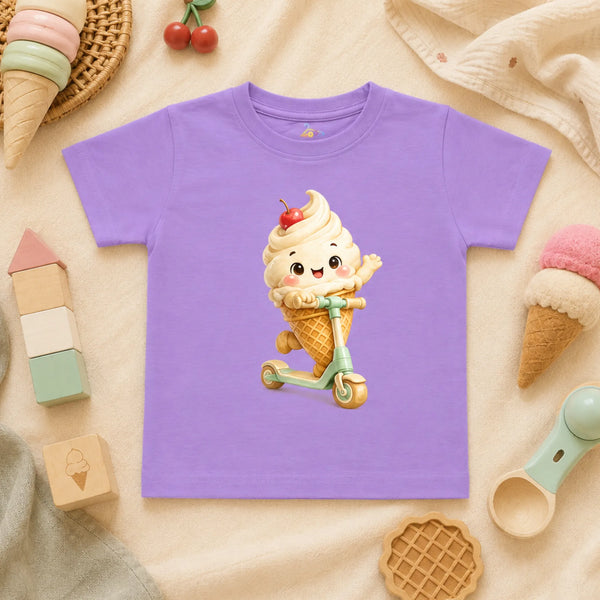 A lavender kid's t-shirt featuring a cartoon graphic of a cheerful soft-serve ice cream cone with a cherry on top riding a light green scooter