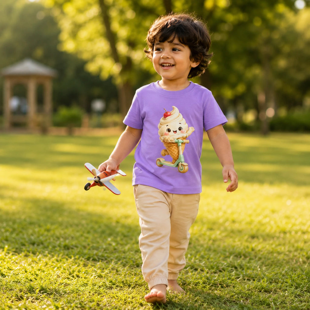 A small child walking barefoot on a sunny grassy park path, wearing a purple short-sleeve t-shirt with a cute cartoon ice cream cone graphic and beige pants. icecream tshirt unisex lifestyle-boy