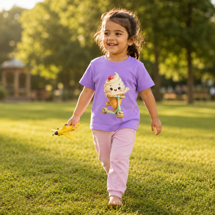 A small girl walking barefoot on a sunny grassy park path, wearing a lavender purple short-sleeve t-shirt with a cute cartoon ice cream cone graphic on the front, paired with light pink pants. lifestyle-girl ice cream tshirt