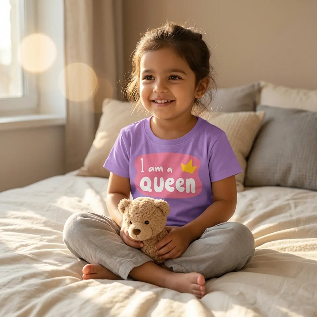 Kid wearing lavender i am queen slogan t-shirt