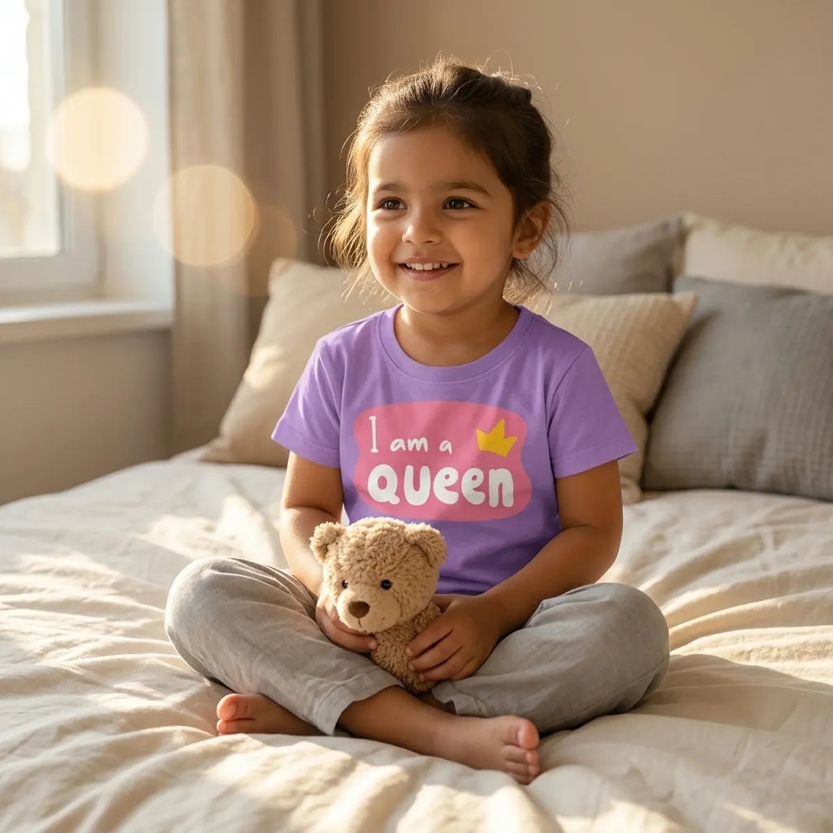 Kid wearing lavender i am queen slogan t-shirt
