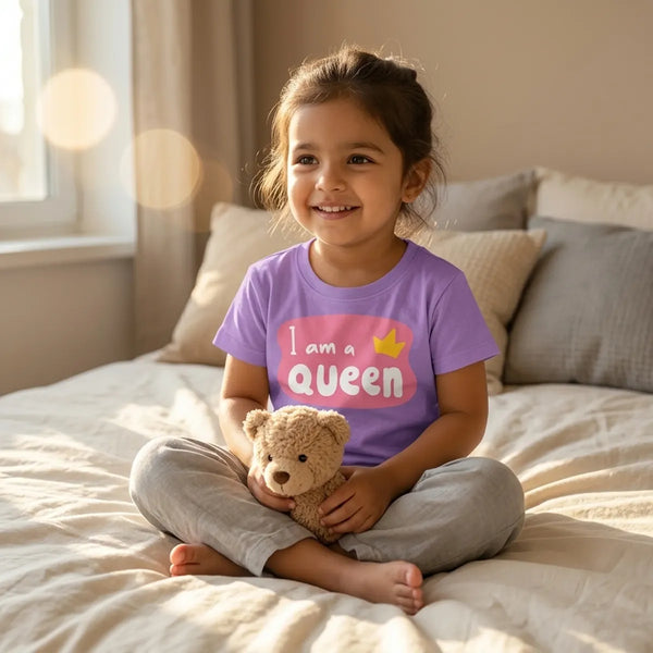 Kid wearing lavender i am queen slogan t-shirt