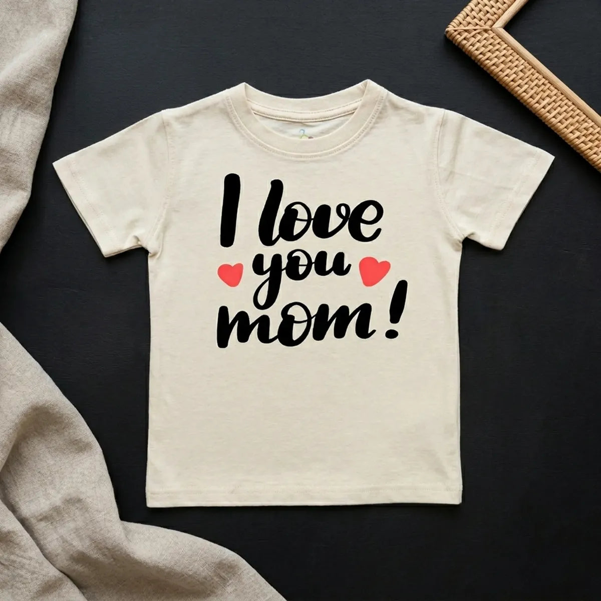 Ivory kids t-shirt with i love mom slogan print flatlay
