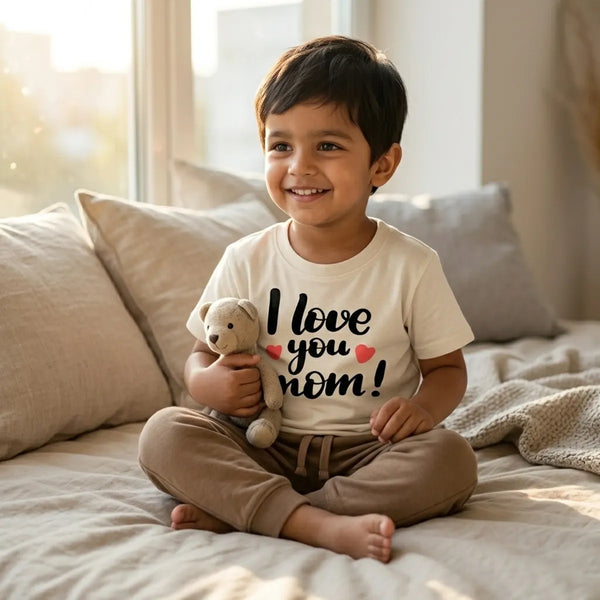 Kid wearing ivory i love mom slogan t-shirt
