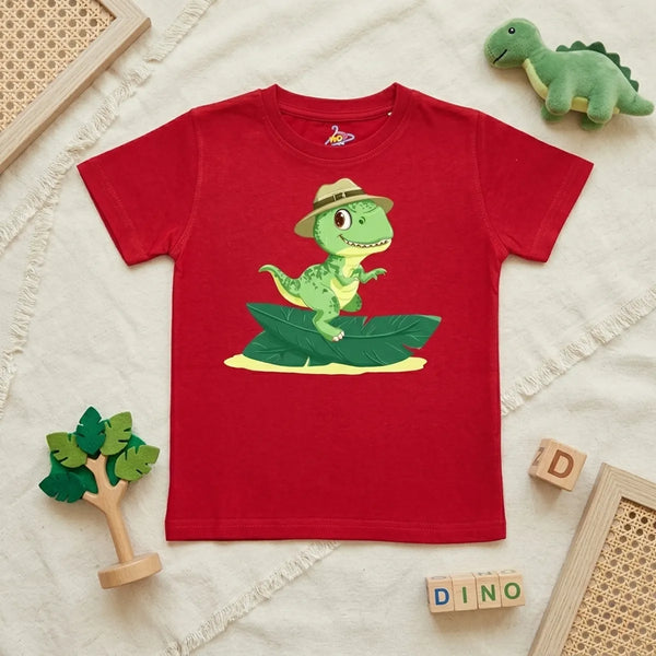 Bright red leaf dino kids t-shirt with playful dinosaur print flatlay