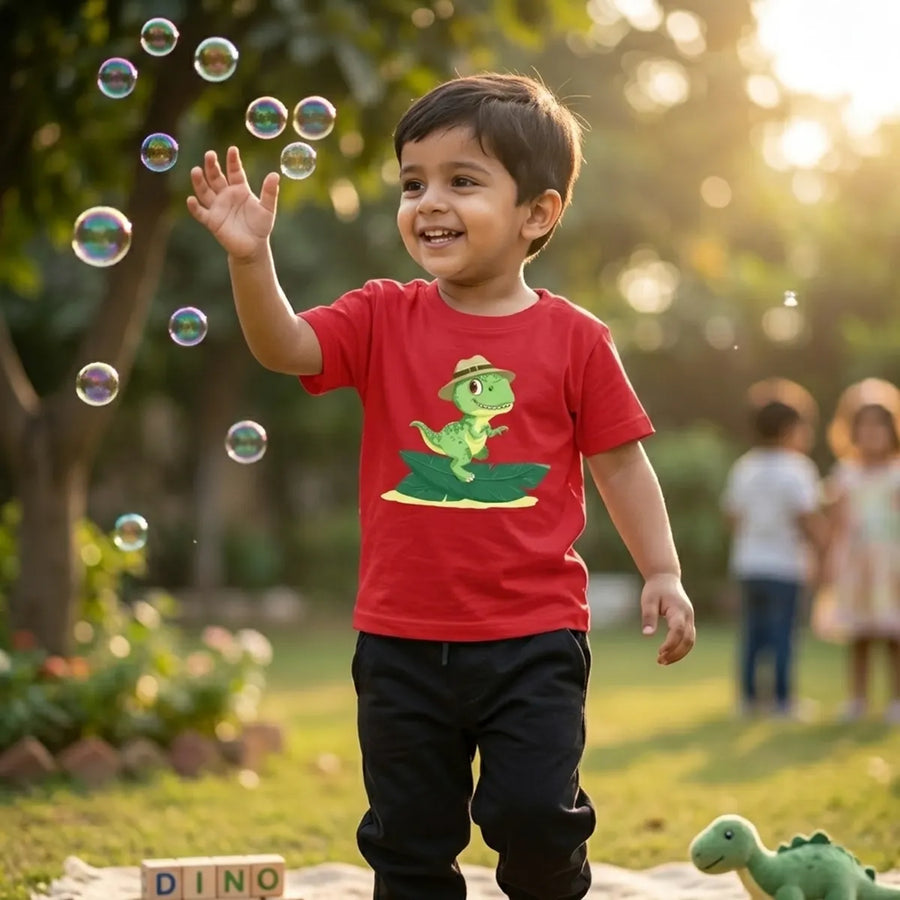 Kid wearing red dinosaur print t-shirt leaf dino design  lifestyle-boy