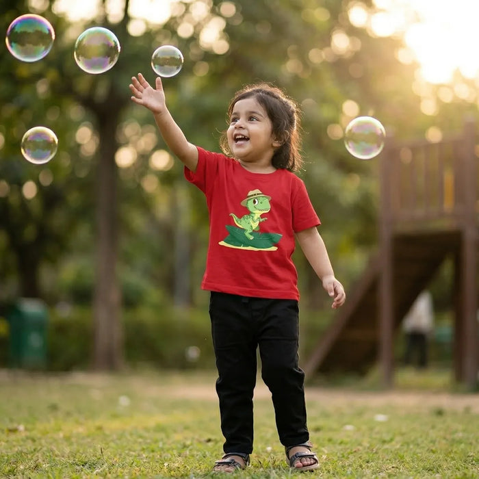 Kid wearing red dinosaur print t-shirt leaf dino design  lifestyle-girl