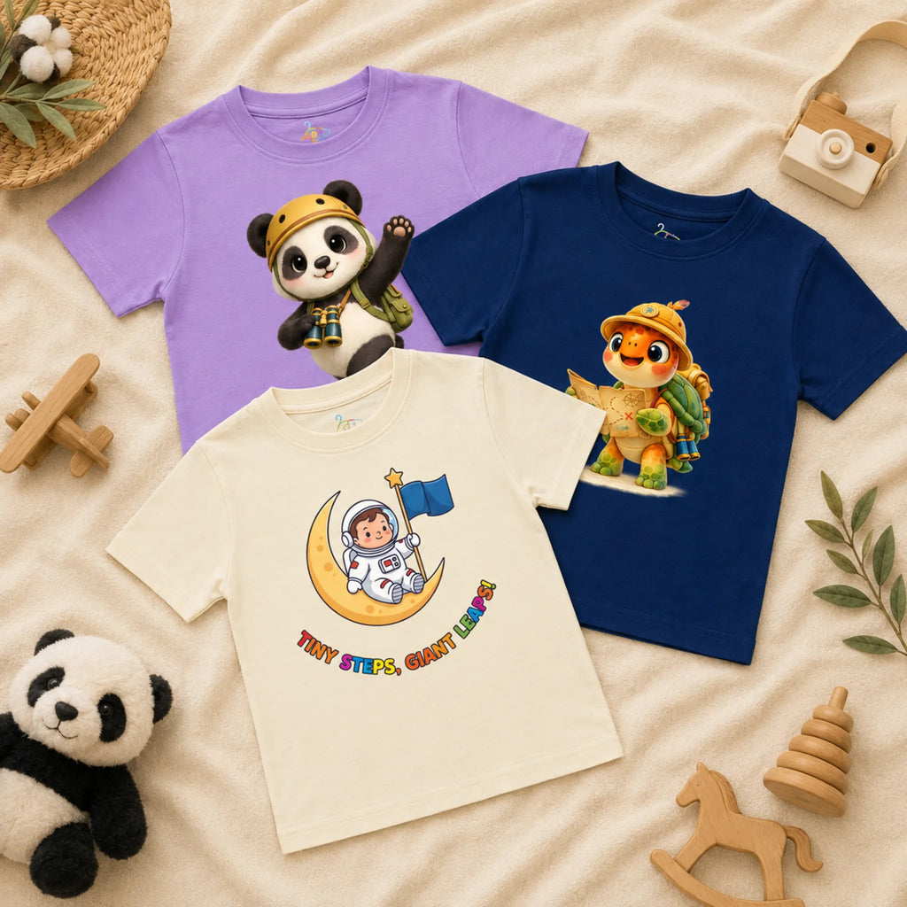 A flatlay of three kid's t-shirts arranged on a textured cream blanket alongside wooden toys and a plush panda. The shirts include a lavender t-shirt featuring a panda explorer with binoculars, a navy blue t-shirt with an adventurous sea turtle reading a map, and an ivory t-shirt showing a little astronaut sitting on a crescent moon above the text "TINY STEPS, GIANT LEAPS!".