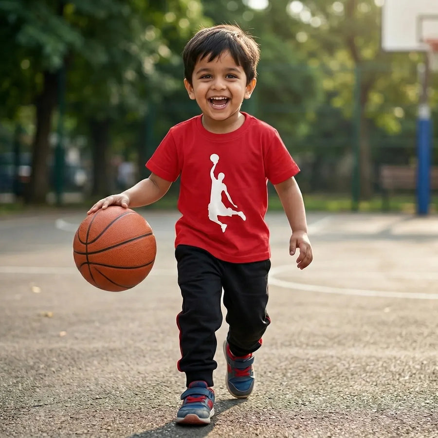 Kid wearing red basketball t-shirt little hooper design lifestyle-boy