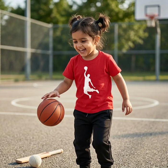 Kid wearing red basketball t-shirt little hooper design lifestyle-girl