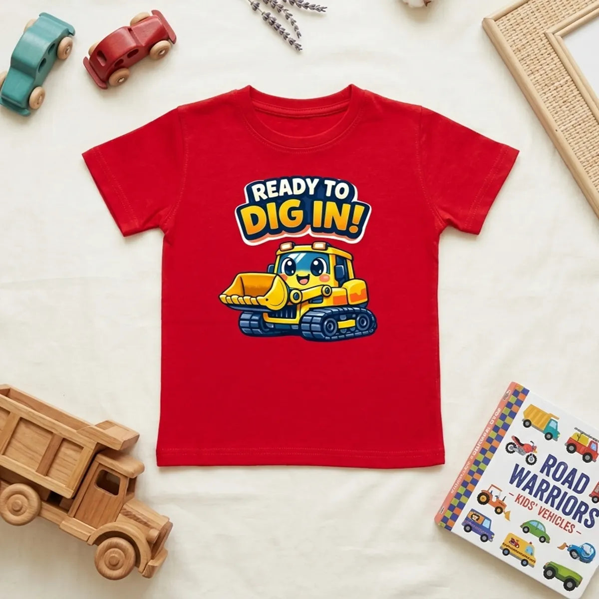 Red construction digger kids t-shirt mighty digger print flatlay
