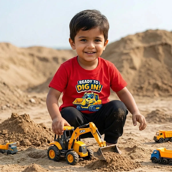 Kid wearing red digger t-shirt construction vehicle design