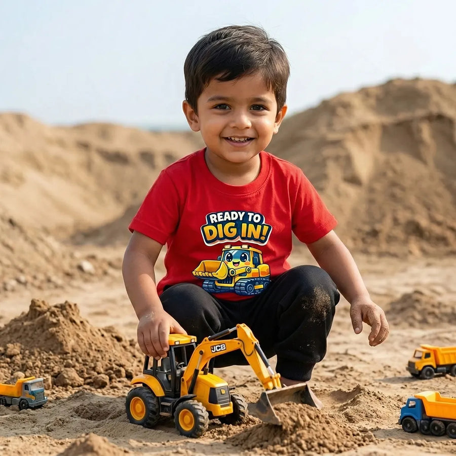 Kid wearing red digger t-shirt construction vehicle design. lifestyle-boy