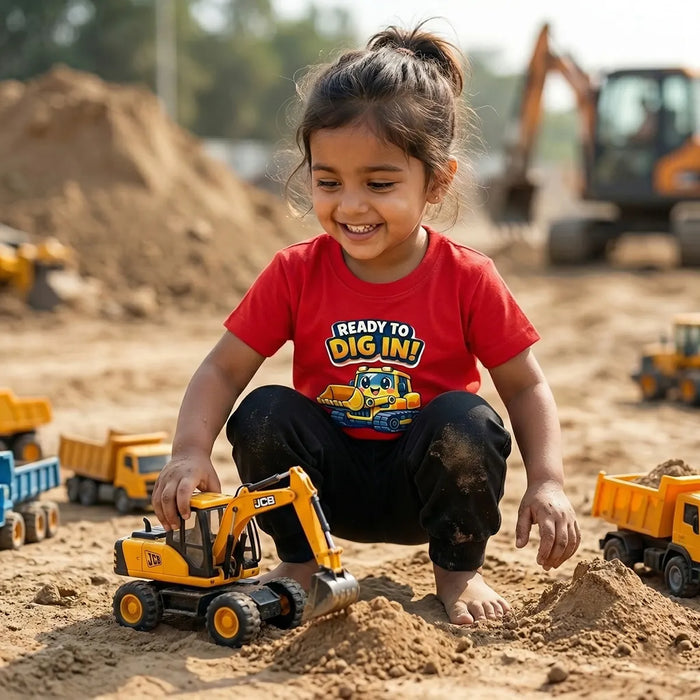 Kid wearing red digger t-shirt construction vehicle design. lifestyle-girl