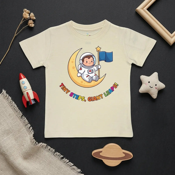 Ivory astronaut kids t-shirt with moon space print flatlay