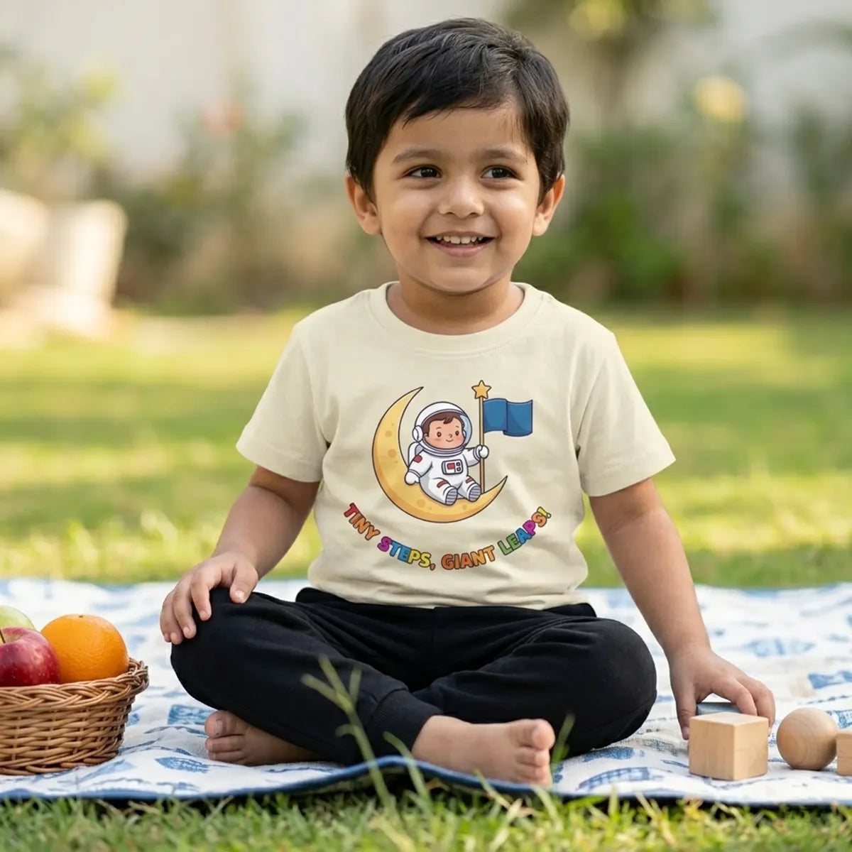 Kid wearing ivory astronaut space t-shirt moon explorer design