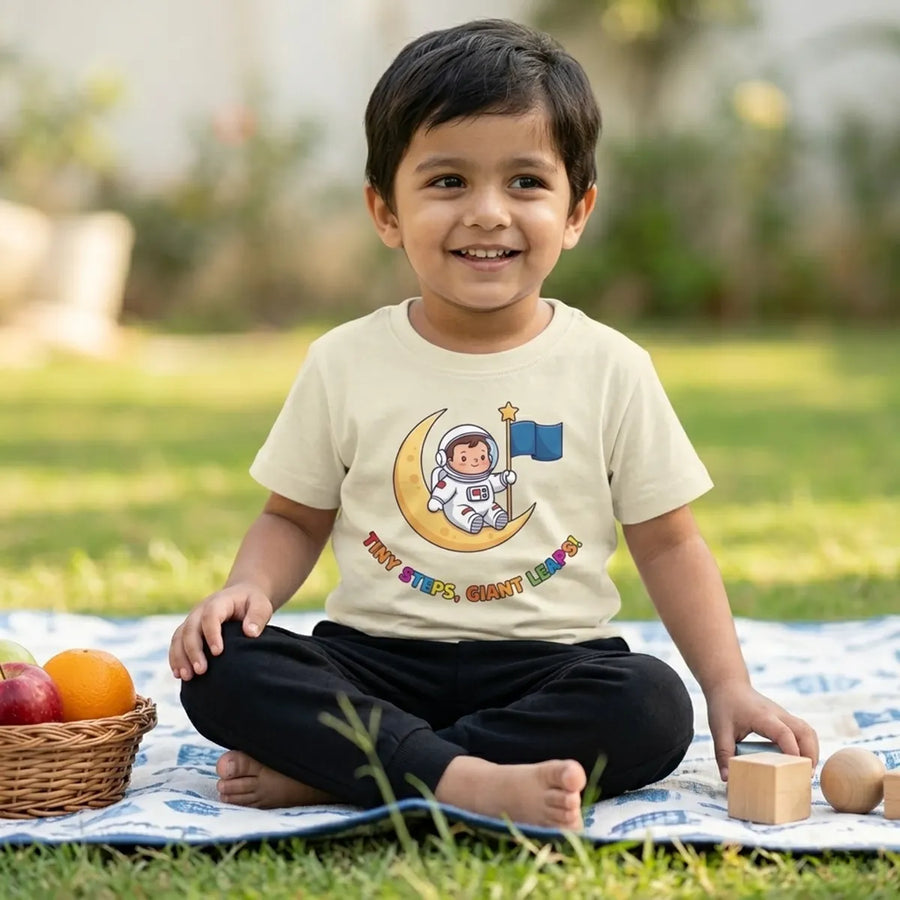 Kid wearing ivory astronaut space t-shirt moon explorer design  lifestyle-boy