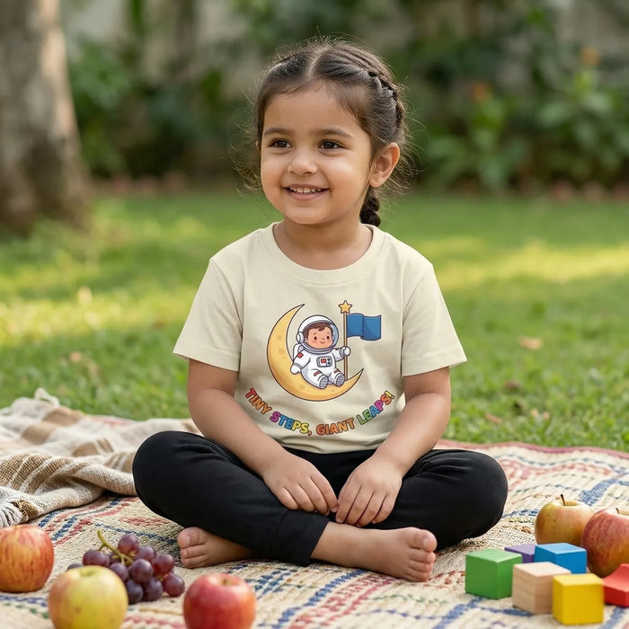 Kid wearing ivory astronaut space t-shirt moon explorer design  lifestyle-girl