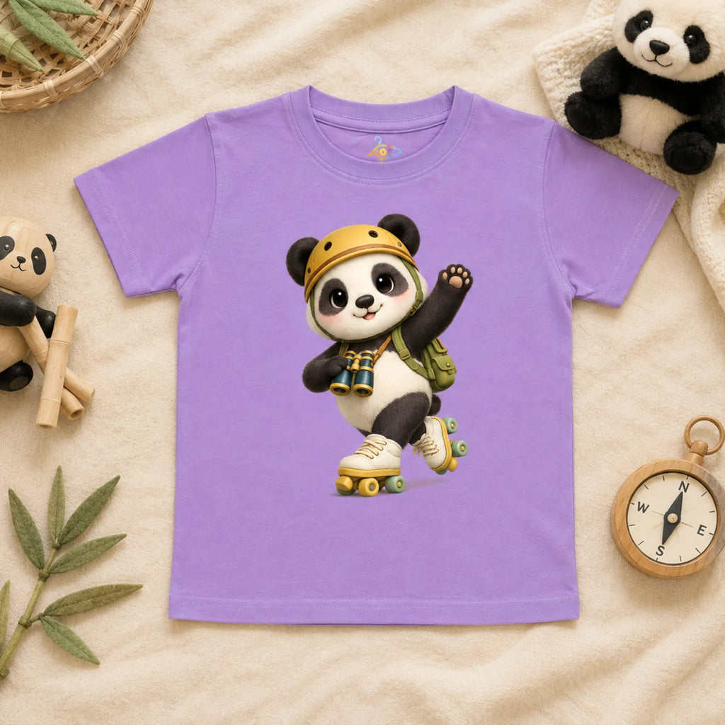 A lavender kid's t-shirt featuring a cartoon graphic of a cheerful panda wearing a yellow helmet, a backpack, and roller skates while holding binoculars