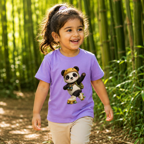 A young child walking outdoors on a path surrounded by bamboo, wearing a purple short-sleeve T-shirt with a cartoon panda graphic and beige lifestyle-girl