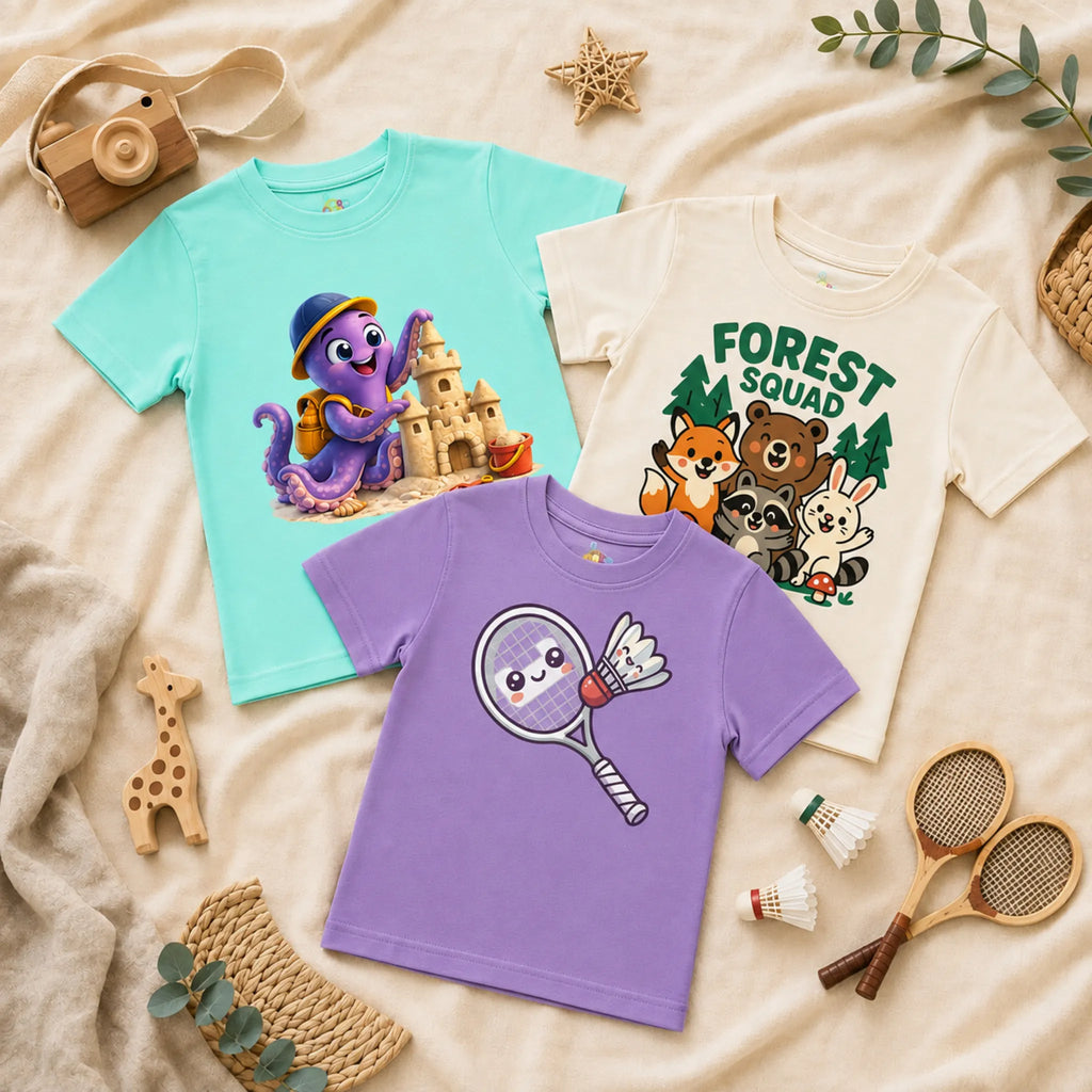 A flatlay of three kid's t-shirts arranged on a textured cream blanket alongside a wooden toy camera, a wooden giraffe, miniature badminton rackets, and woven decor. The shirts include a spearmint t-shirt featuring a cheerful purple octopus building a sandcastle, a lavender t-shirt showing a cute smiling badminton racket hitting a shuttlecock, and an ivory t-shirt displaying a "FOREST SQUAD" graphic with a bear, fox, raccoon, and rabbit in the woods.