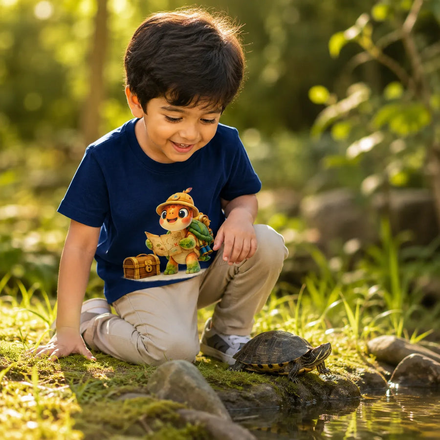 A young boy wearing a navy blue t-shirt with a cartoon treasure chest graphic and beige pants kneels by a small pond in a sunny, green outdoor setting, looking at a turtle. lifestyle-boy