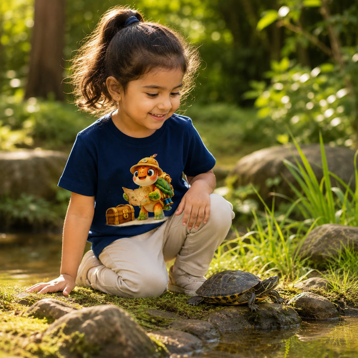 A young child crouches by a small stream in a sunlit outdoor setting, wearing a navy blue graphic T-shirt with a cartoon explorer character and light beige pants. A turtle is visible on the rocks beside the water. lifestyle-girl